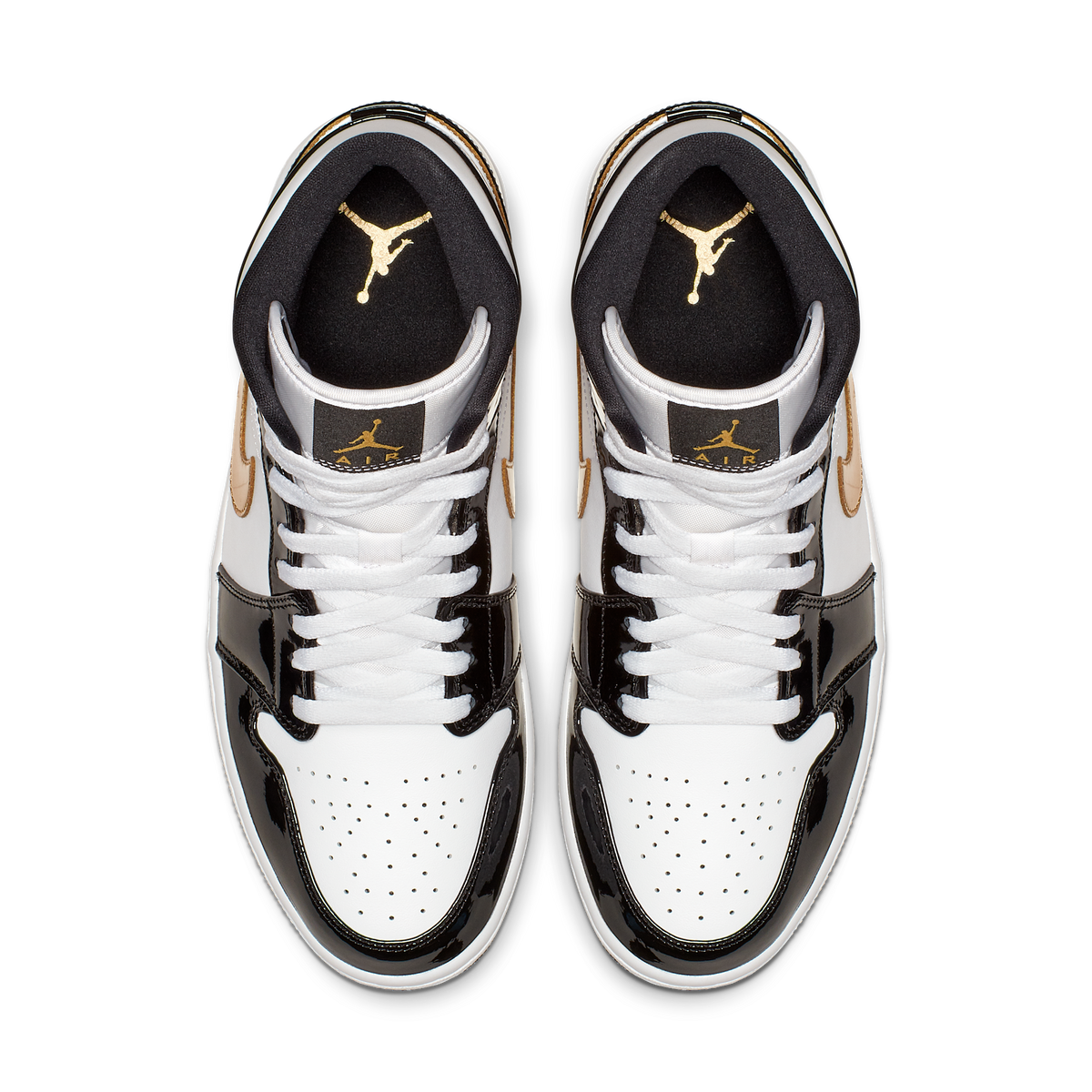 Jordan 1 Mid Patent Black White Gold